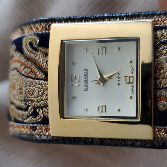 KESSARIS QUARTZ WATCH PAISLEY BOHO FESTIVAL BLACK GOLD SQUARE FACE FLEXIBLE BAND - Picture 4 of 10